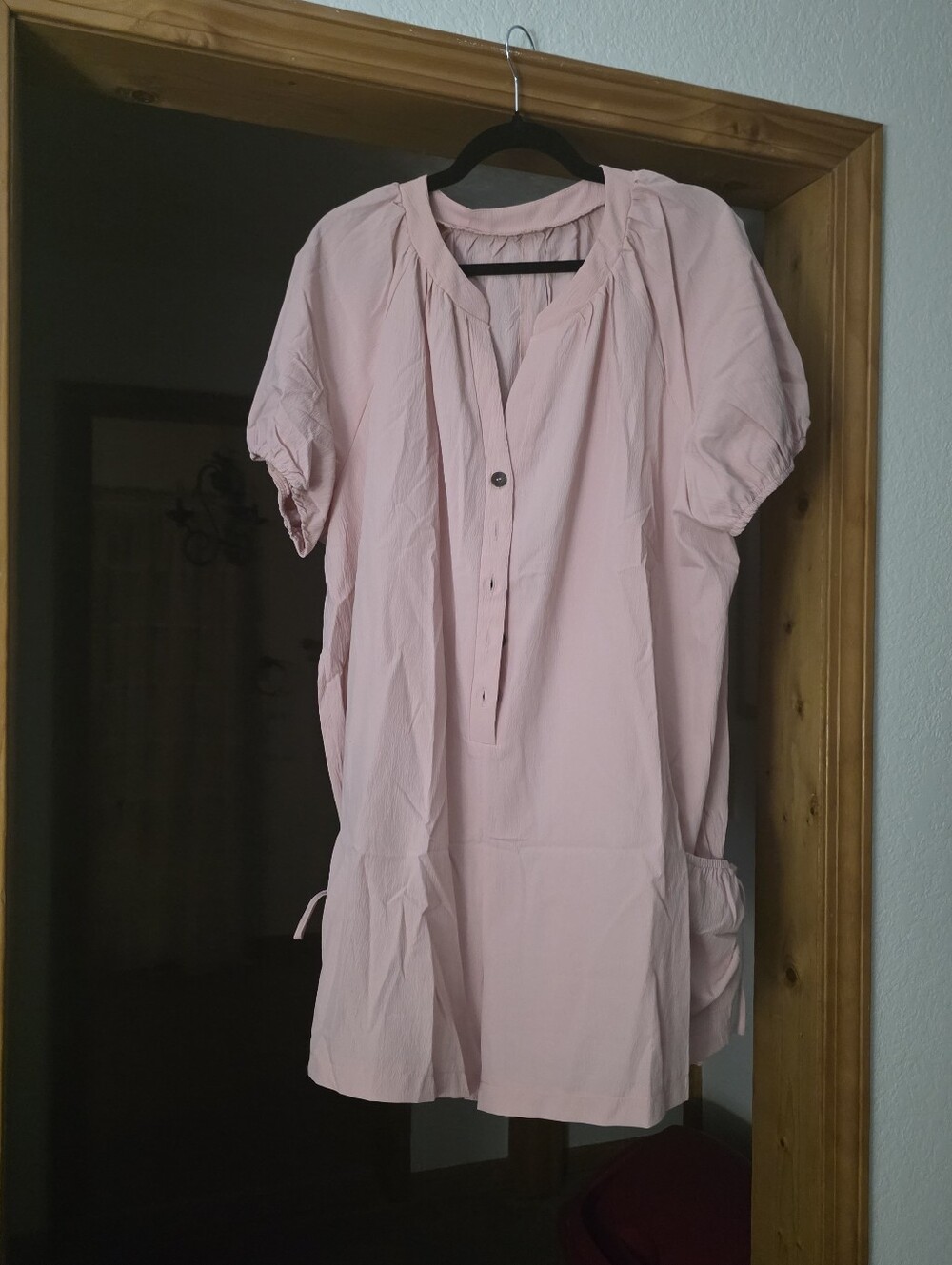 Women's Light Pink Short Sleeve Tunic Romper with Button Placket